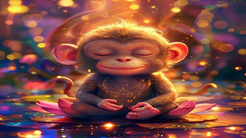 Hình ảnh con giáp khỉ vàng thiền định cân bằng năng lượng âm dương