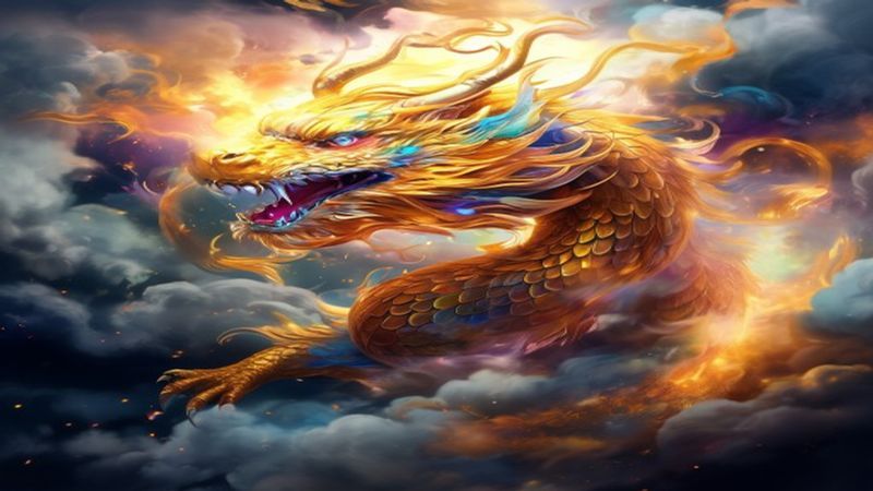 hình ảnh rồng vàng bay lượn trong mây biểu tượng cho tuổi Thìn vượt qua gian nan